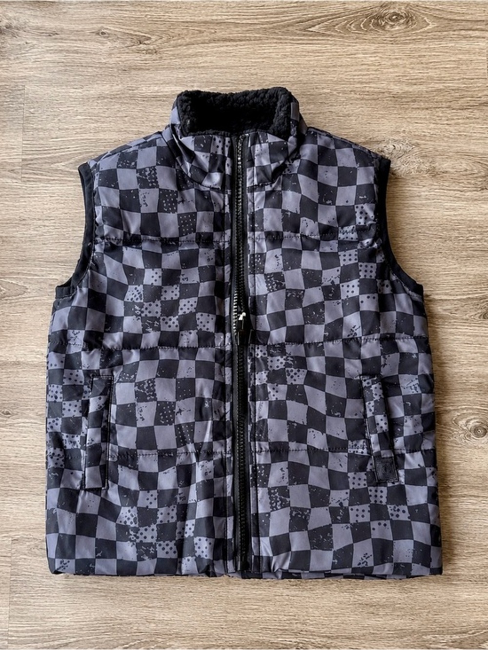 Strictly Wild Puffer Vest 6-12M Checkered Gray Black Duck Down NWT Zip jacket